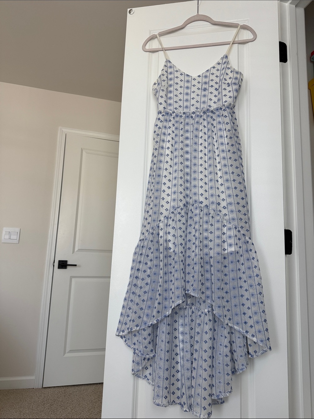 miami White and Light Blue Printed High-Low Maxi Dress